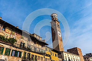 Piazza delle Erbe in Verona street with Lamberti tower