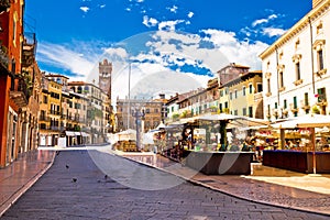 Piazza delle erbe in Verona street and market view