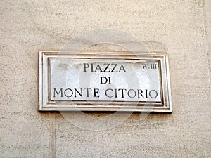 Piazza Di Monte Citorio, Marble Street Sign, Rome, Italy