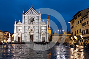 Piazza di Santa Croce with Basilica in rainy night