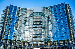 Piazza Gae Aulenti, a pedestrian square in the city of Milan. Elevated and circular in shape