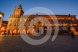 Piazza Maggiore square with Palazzo d`Accursio at night, Bologna, Italy