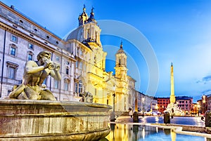 Piazza Navona and the Moor fountain, Rome, Italy, twilight view