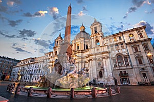Piazza Navona at the Obelisk and Sant`Agnese in Rome, Italy