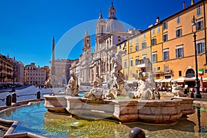 Piazza Navona square fountains and church view in Rome