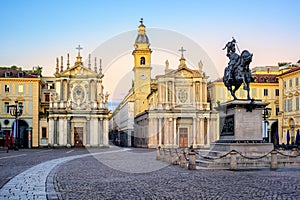 Piazza San Carlo and twin churches in the city center of Turin, photo