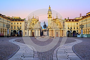 Piazza San Carlo and twin churches in the city center of Turin,