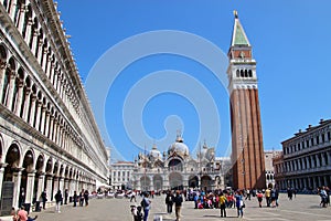 Piazza San Marco with Basilica Saint Mark and the bell tower Campanile. Venice, Italy.