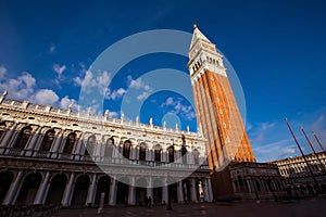 Piazza San Marco with the Basilica of Saint Mark and the bell tower of St Mark`s Campanile Campanile di San Marco in Venice, Italy