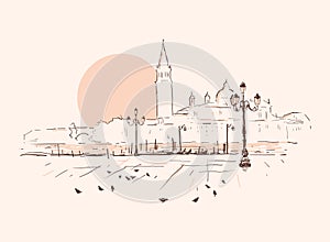 Piazza San Marco, Grand Canal, San Giorgio Maggiore church. Sunset in Venice, Italy. Hand drawn sketch vector illustration.