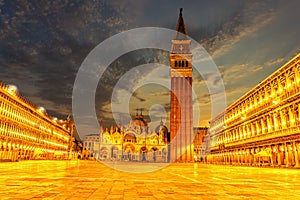 Piazza San Marco in Venice, evening view in lights