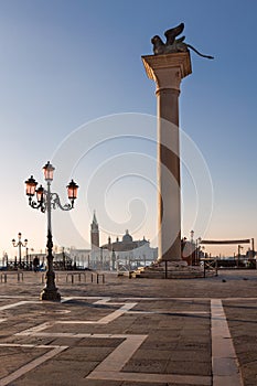 Piazza San Marco and Winged Lion Column in the Morning, Venice,