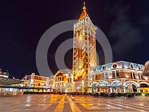 Piazza square and clock tower in Batumi at night.