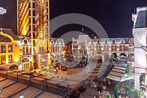 Piazza square and clock tower in Batumi at night.