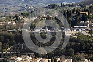 Piazzale Michelangelo Florence Aerial view cityscape from giotto tower detail near Cathedral Santa Maria dei Fiori, Brunelleschi