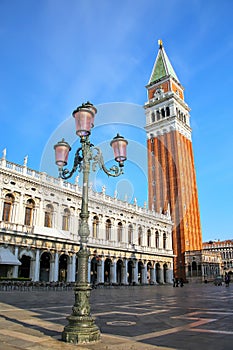 Piazzetta San Marco with St Mark`s Campanile and Biblioteca in Venice, Italy