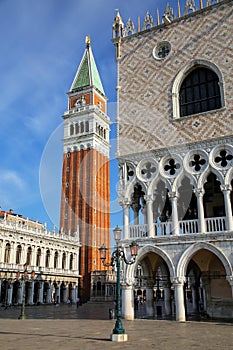 Piazzetta San Marco with St Mark`s Campanile and Palazzo Ducale in Venice, Italy