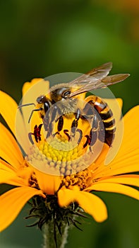 Pic Busy honey bee diligently pollinates flower petal in close up shot photo