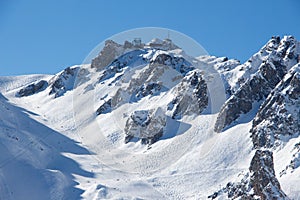 Pic de Saulire courchevel cabin station view grand couloir black slope sunset snowy mountain landscape France alpes