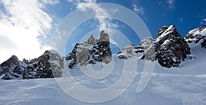 Pic de Saulire courchevel mogul view grand couloir black slope sunset snowy mountain landscape France alpes