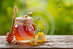 Pic Honey jar with dipper stick and flowers, beekeeping concept