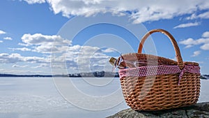 Pic nic basket with champagne glass and bottle