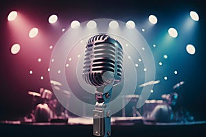 Pic Retro microphone on stage with light bokeh background, photo