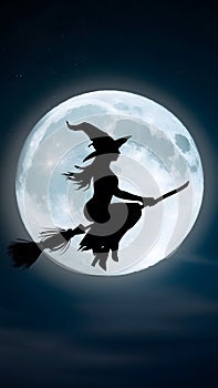 Pic Silhouette of a witch flying on broomstick against full moon, evoking magical essence of Halloween