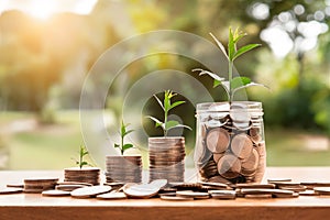 Pic Stack of coins on wood table, money earning, profit concept