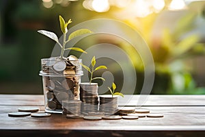 Pic Stack of coins on wood table, money earning, profit concept