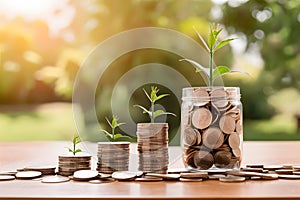 Pic Stack of coins on wood table, money earning, profit concept