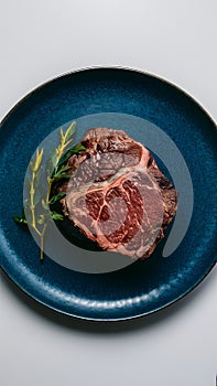 Pic Wagyu beef steak roast on a plate against a white background in professional foodgraphy