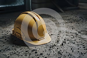 Pic Yellow safety helmet on gritty floor, highlighting workplace safety