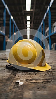 Pic Yellow safety helmet on gritty floor, highlighting workplace safety