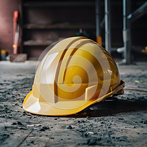 Pic Yellow safety helmet on gritty floor, highlighting workplace safety