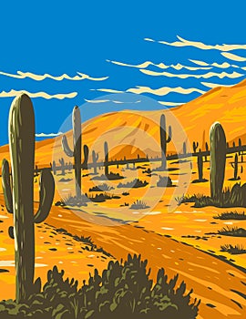 Picacho Peak State Park with With Saguaro Cactus in Picacho Arizona USA WPA Poster Art