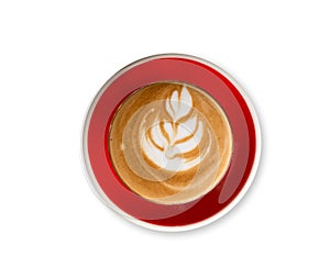 Piccolo Latte art in small glass with red ceramic plate topping beautiful flower art from milk