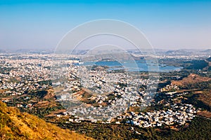 Pichola lake and old town from Monsoon Palace in Udaipur, India