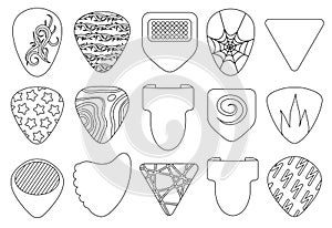 Pick of guitar isolated outline set icon. Vector outline set icon plectrum. Vector illustration electric pick of guitar