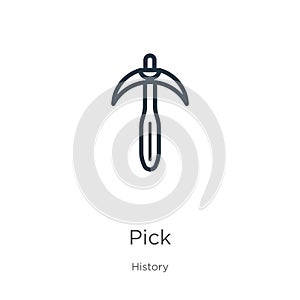 Pick icon. Thin linear pick outline icon isolated on white background from history collection. Line vector pick sign, symbol for