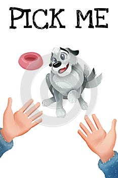 Pick me. Cute dog for adoption. Poster for pet shelters on white background