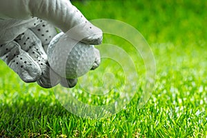 Pick up a golf ball on green grass