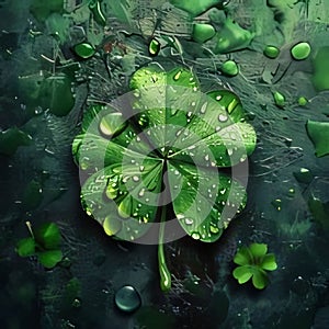 Picked five-leaf clover with drops of water, dew. Green four-leaf clover symbol of St. Patrick\'