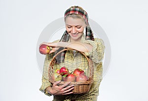 Picking best one. organic vegetarian. healthy teeth. Happy woman eating apple. orchard, gardener girl with apple basket