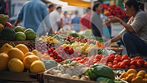 Picking fresh produce from a bustling farmers\' market