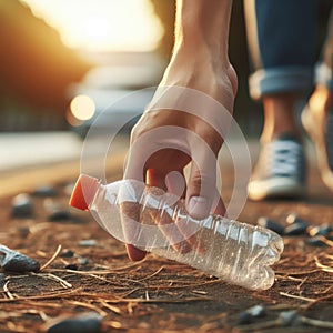 Picking plastic bottle up, keeping environment clean and ecology concept
