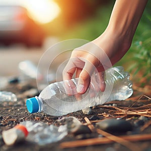 Picking plastic bottle up, keeping environment clean and ecology concept