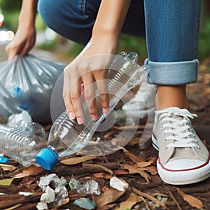 Picking plastic bottle up, keeping environment clean and ecology concept