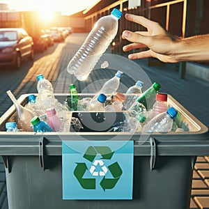 Picking plastic bottle up, keeping environment clean and ecology concept