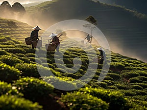 picking tea in fields of vietnam